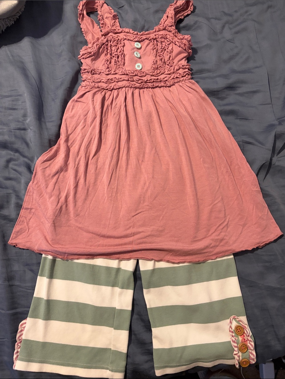 Matilda Jane Pink dress with Green & White Striped wide leg Bottoms